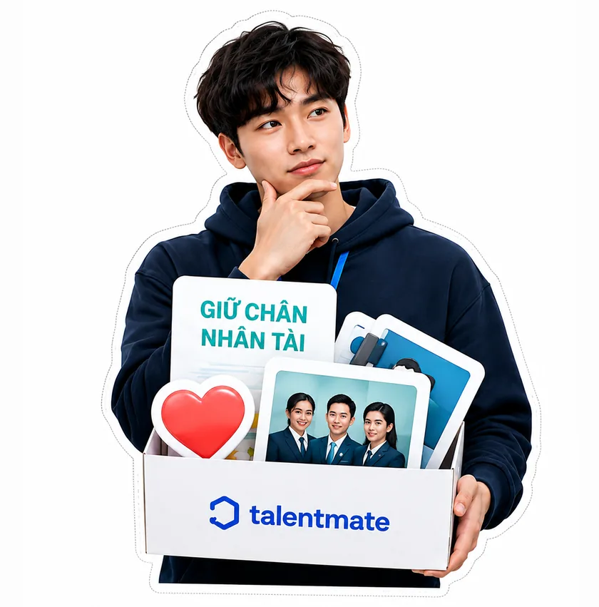 Chuyên viên Talentmate trầm ngâm với trái tim và ảnh đội ngũ: giữ chân nhân tài
