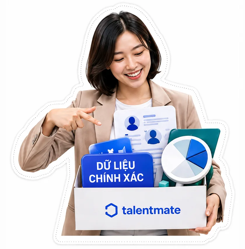 Chuyên viên nữ Talentmate chỉ vào thùng hồ sơ và biểu đồ: dữ liệu chính xác