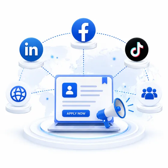 Minh họa đăng tin tuyển dụng phủ sóng đa kênh Facebook, TikTok, LinkedIn