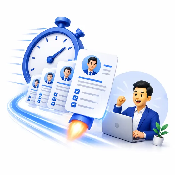 Minh họa tuyển dụng nhanh với đồng hồ bấm giờ và CV